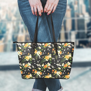 Spring Lily Flowers Pattern Print Leather Tote Bag