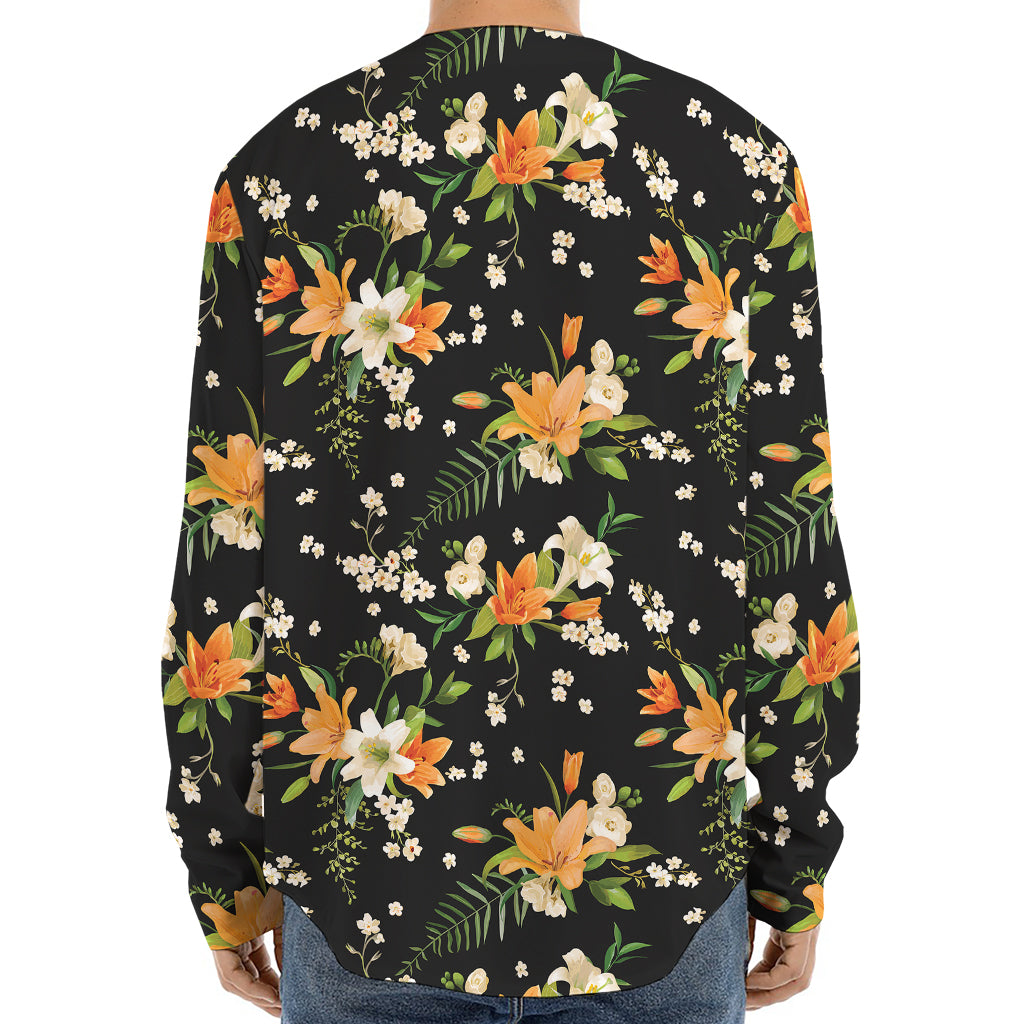 Spring Lily Flowers Pattern Print Long Sleeve Baseball Jersey