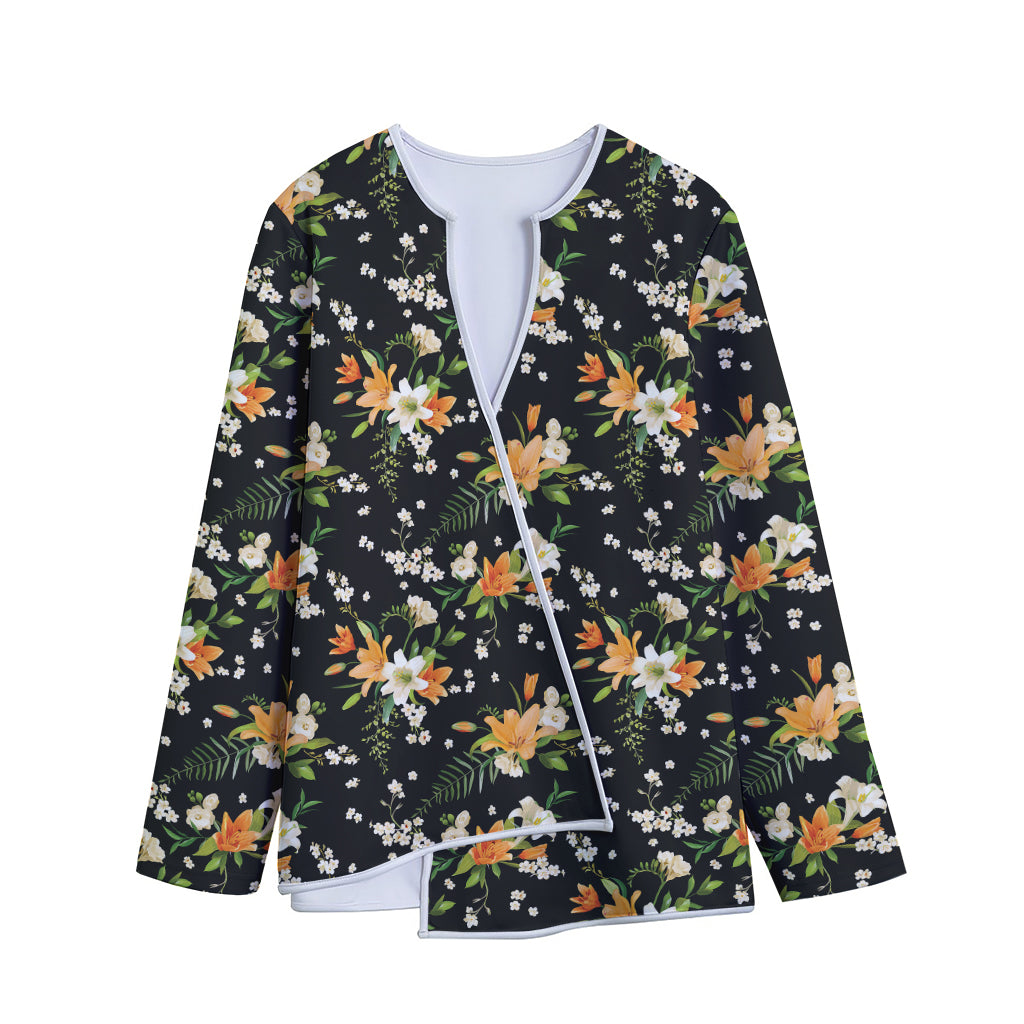 Spring Lily Flowers Pattern Print Long Sleeve Short Coat