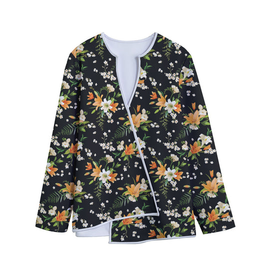 Spring Lily Flowers Pattern Print Long Sleeve Short Coat
