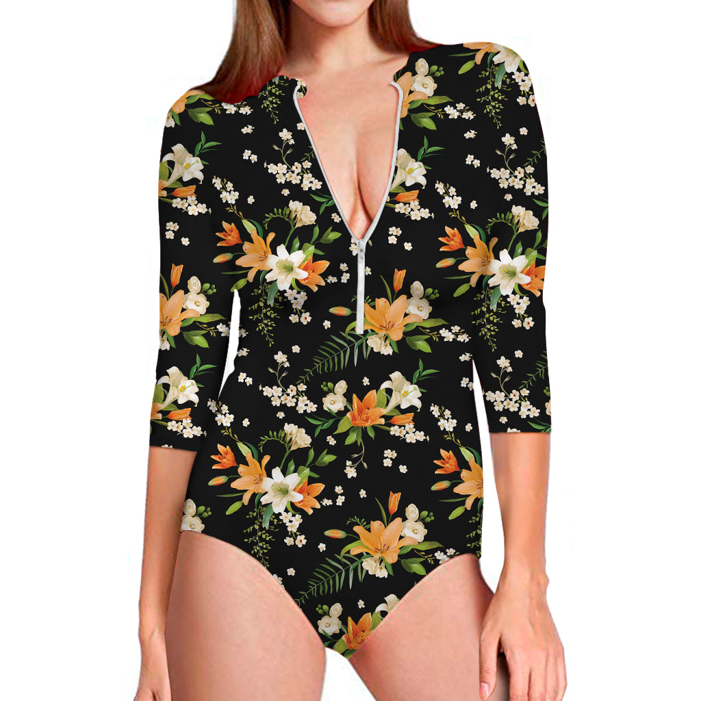 Spring Lily Flowers Pattern Print Long Sleeve Swimsuit