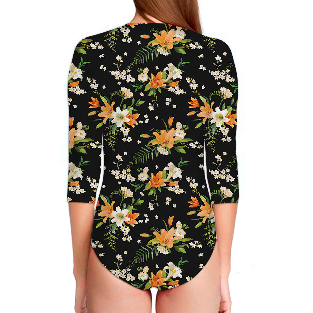 Spring Lily Flowers Pattern Print Long Sleeve Swimsuit