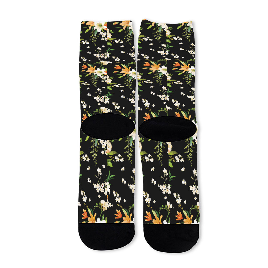 Spring Lily Flowers Pattern Print Long Socks