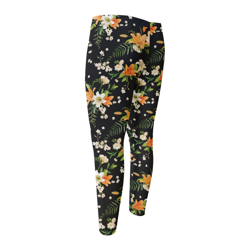 Spring Lily Flowers Pattern Print Men's Compression Pants