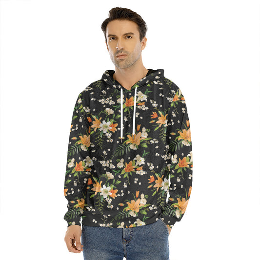 Spring Lily Flowers Pattern Print Men's Velvet Pullover Hoodie