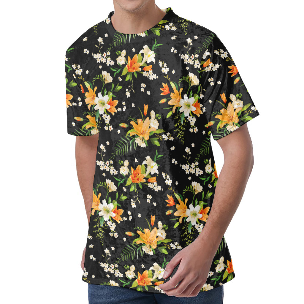 Spring Lily Flowers Pattern Print Men's Velvet T-Shirt