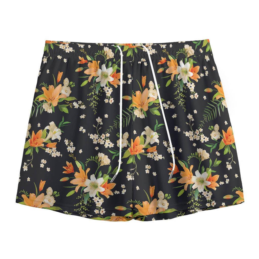 Spring Lily Flowers Pattern Print Mesh Shorts