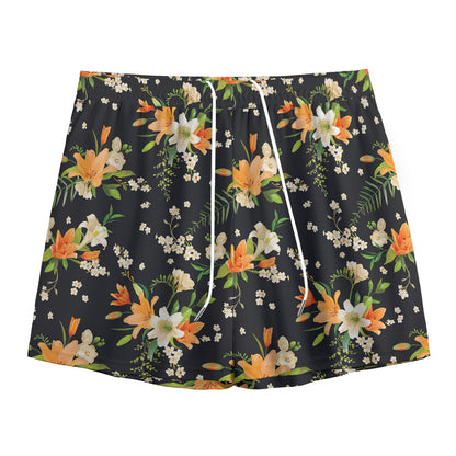 Spring Lily Flowers Pattern Print Mesh Shorts