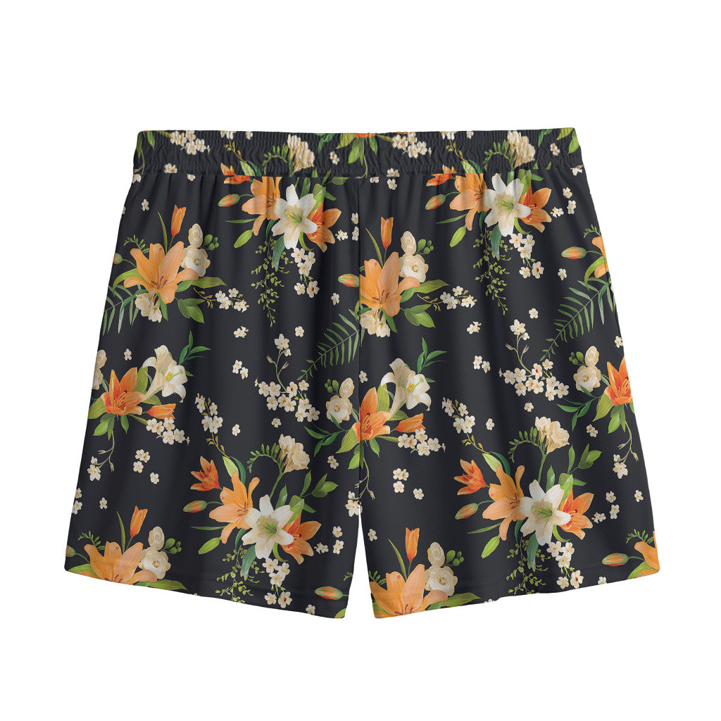 Spring Lily Flowers Pattern Print Mesh Shorts