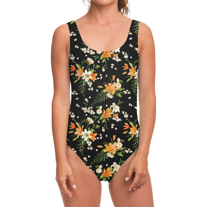 Spring Lily Flowers Pattern Print One Piece Swimsuit