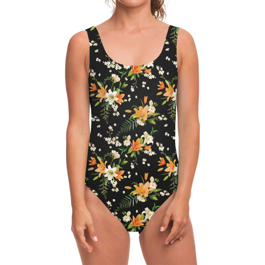 Spring Lily Flowers Pattern Print One Piece Swimsuit