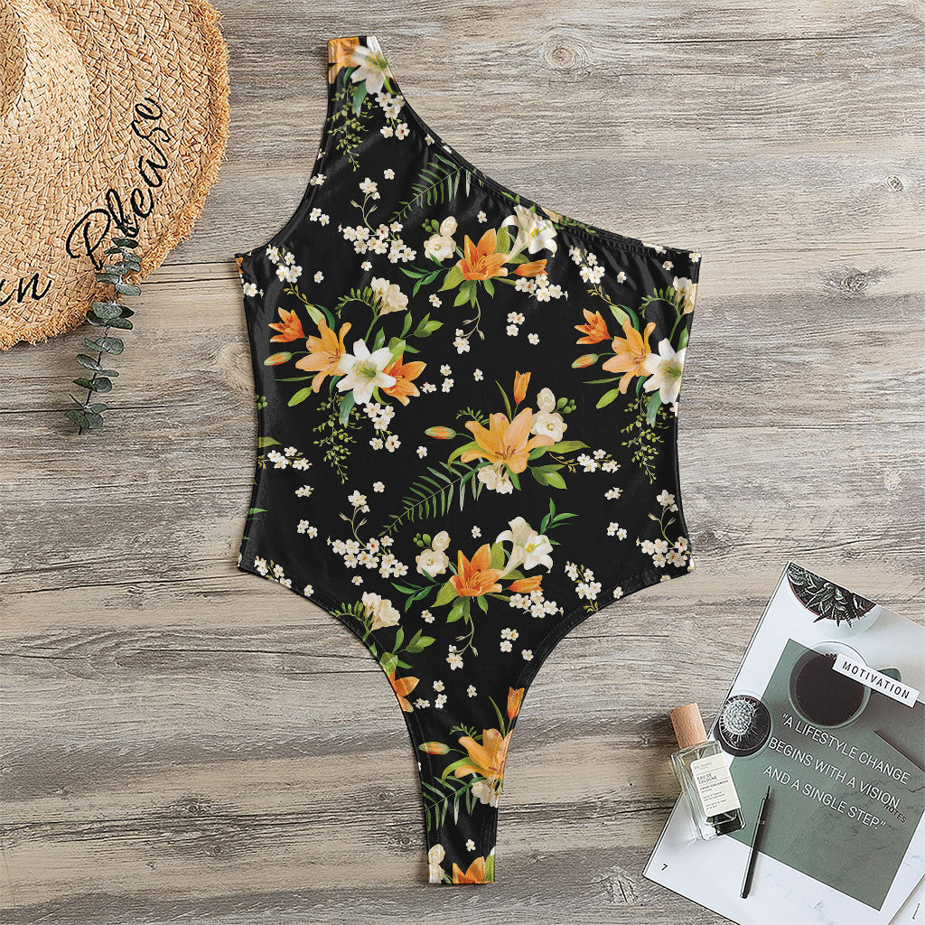 Spring Lily Flowers Pattern Print One Shoulder Bodysuit