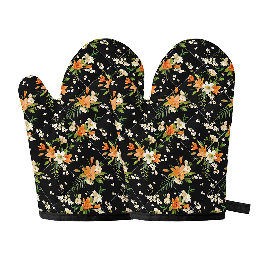 Spring Lily Flowers Pattern Print Oven Mitts