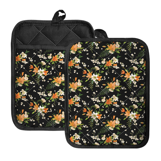 Spring Lily Flowers Pattern Print Pot Holders With Pocket