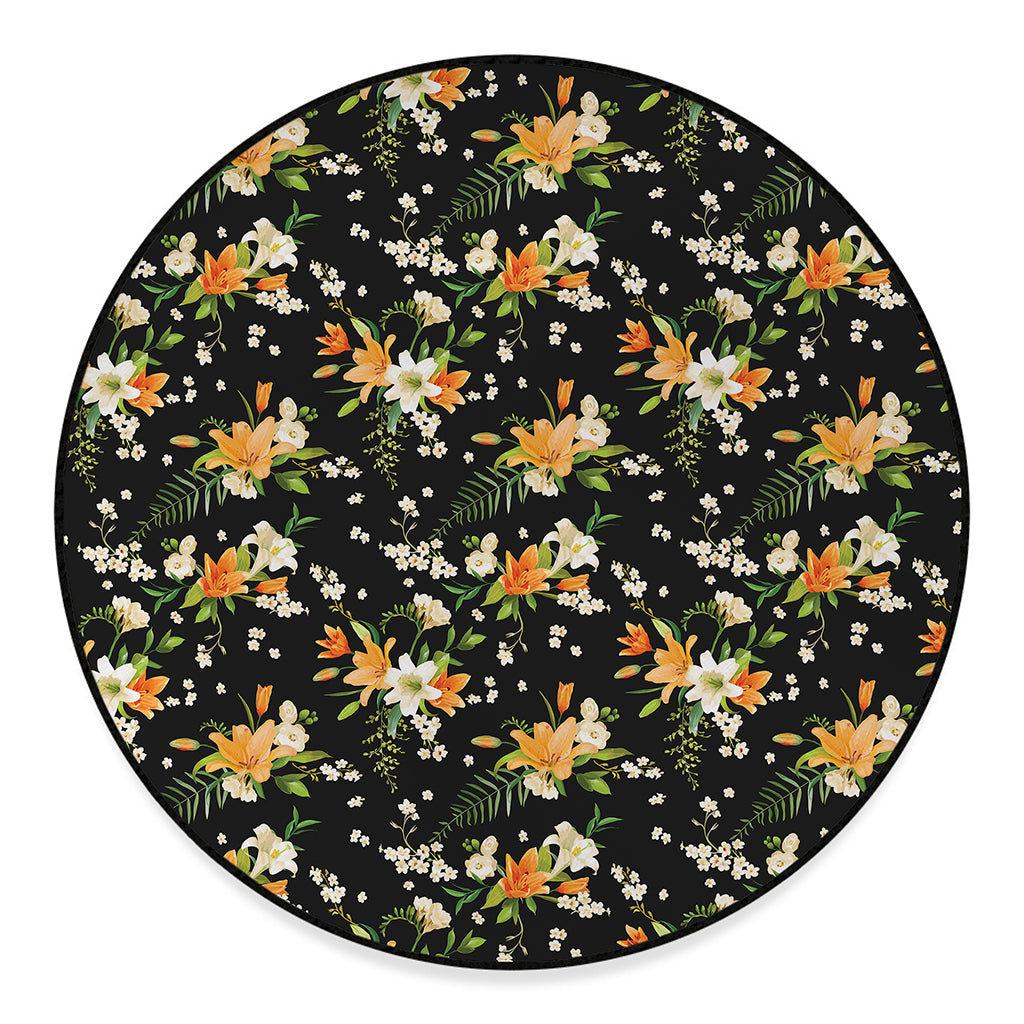 Spring Lily Flowers Pattern Print Round Floor Mat