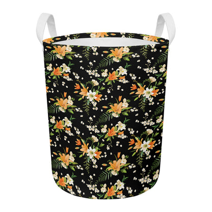 Spring Lily Flowers Pattern Print Round Laundry Basket