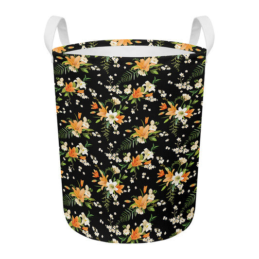 Spring Lily Flowers Pattern Print Round Laundry Basket