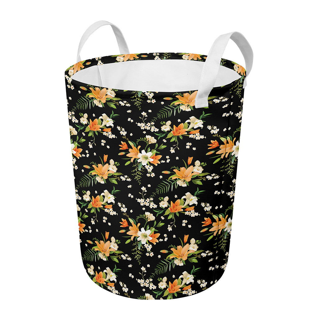 Spring Lily Flowers Pattern Print Round Laundry Basket