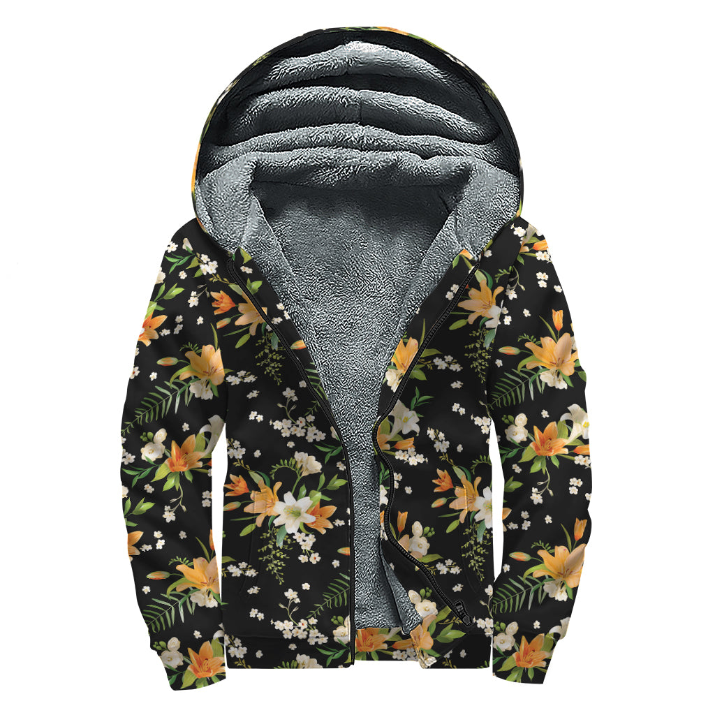 Spring Lily Flowers Pattern Print Sherpa Lined Zip Up Hoodie