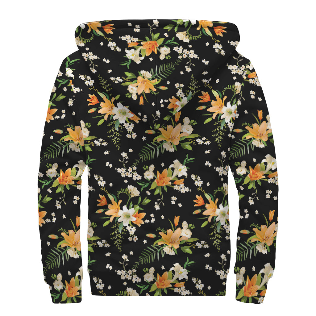 Spring Lily Flowers Pattern Print Sherpa Lined Zip Up Hoodie