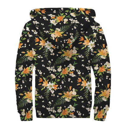 Spring Lily Flowers Pattern Print Sherpa Lined Zip Up Hoodie