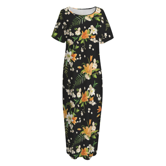 Spring Lily Flowers Pattern Print Short Sleeve Long Nightdress