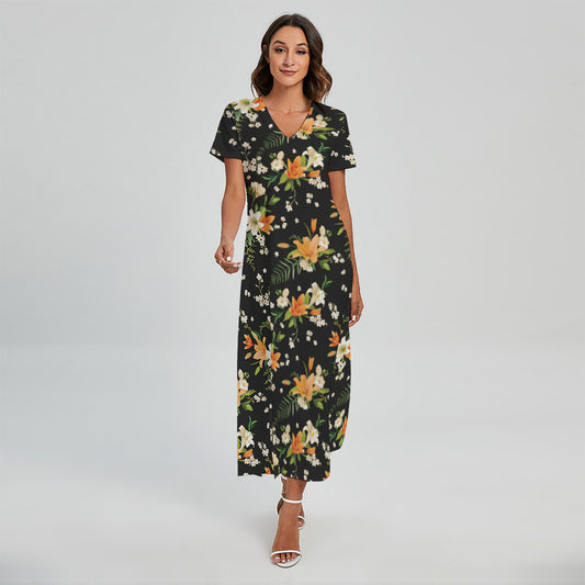 Spring Lily Flowers Pattern Print Short Sleeve Maxi Dress