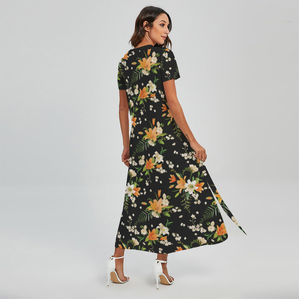 Spring Lily Flowers Pattern Print Short Sleeve Maxi Dress