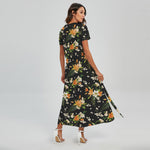 Spring Lily Flowers Pattern Print Short Sleeve Maxi Dress
