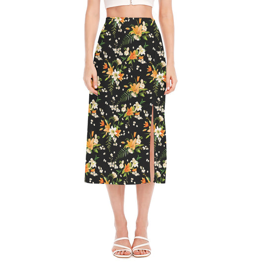 Spring Lily Flowers Pattern Print Side Slit Midi Skirt