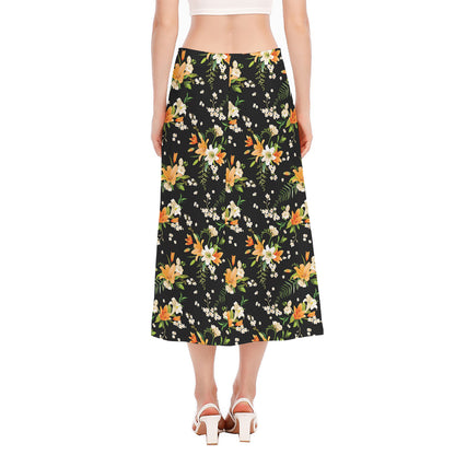 Spring Lily Flowers Pattern Print Side Slit Midi Skirt