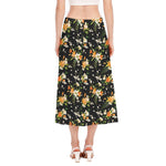 Spring Lily Flowers Pattern Print Side Slit Midi Skirt