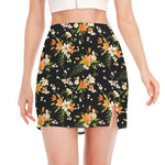 Spring Lily Flowers Pattern Print Side Slit Mini Skirt