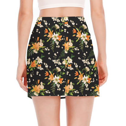 Spring Lily Flowers Pattern Print Side Slit Mini Skirt