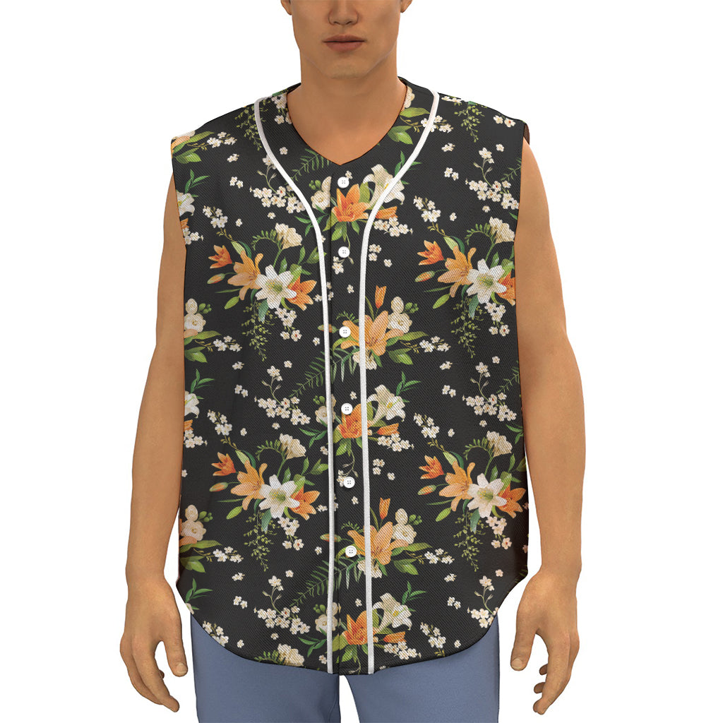 Spring Lily Flowers Pattern Print Sleeveless Baseball Jersey