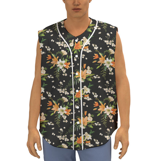 Spring Lily Flowers Pattern Print Sleeveless Baseball Jersey