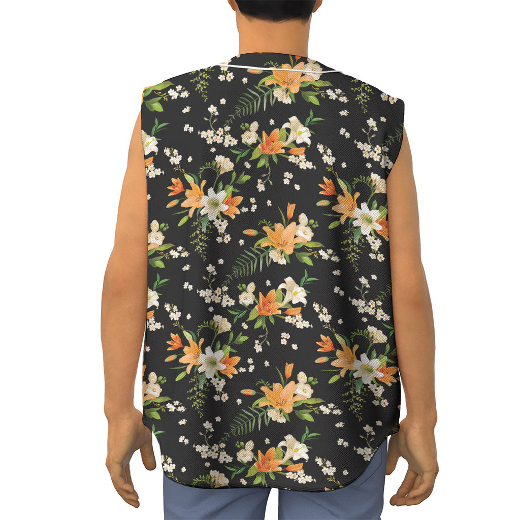 Spring Lily Flowers Pattern Print Sleeveless Baseball Jersey
