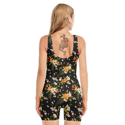 Spring Lily Flowers Pattern Print Sleeveless One Piece Swimsuit