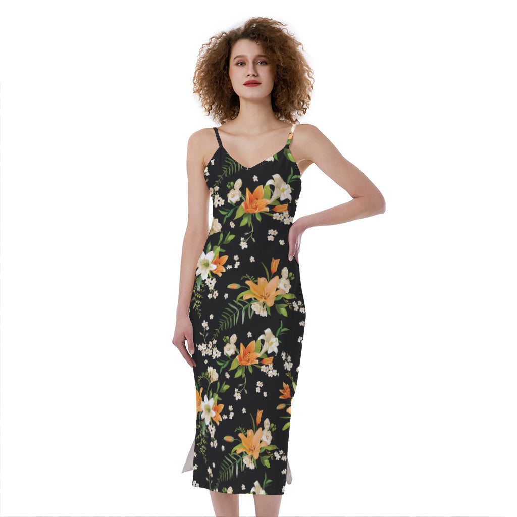Spring Lily Flowers Pattern Print Slim Fit Midi Cami Dress