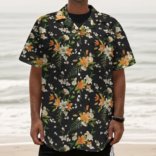 Spring Lily Flowers Pattern Print Textured Short Sleeve Shirt