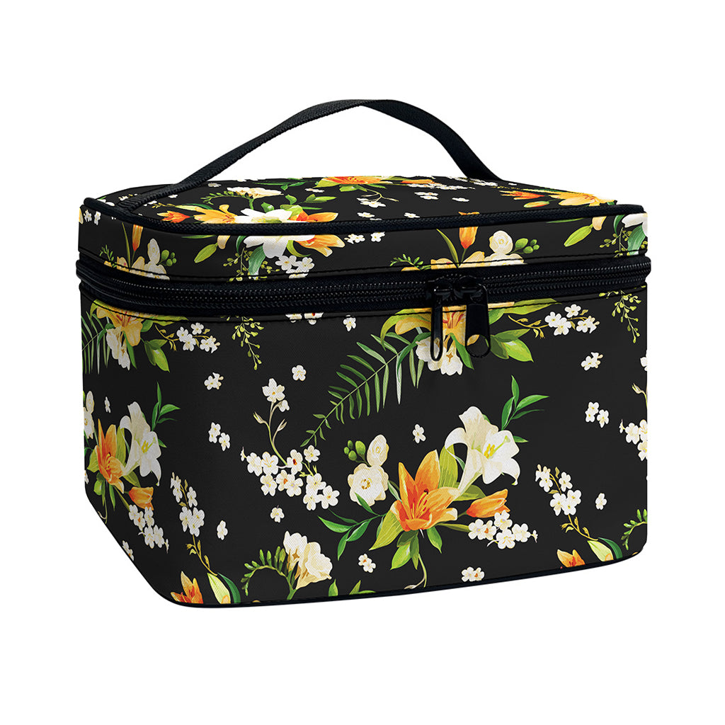 Spring Lily Flowers Pattern Print Travel Makeup Bag
