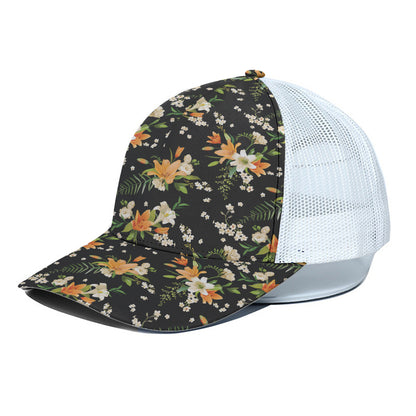 Spring Lily Flowers Pattern Print White Mesh Trucker Cap