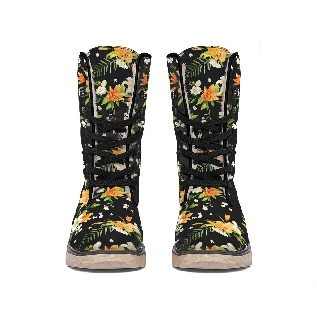 Spring Lily Flowers Pattern Print Winter Boots