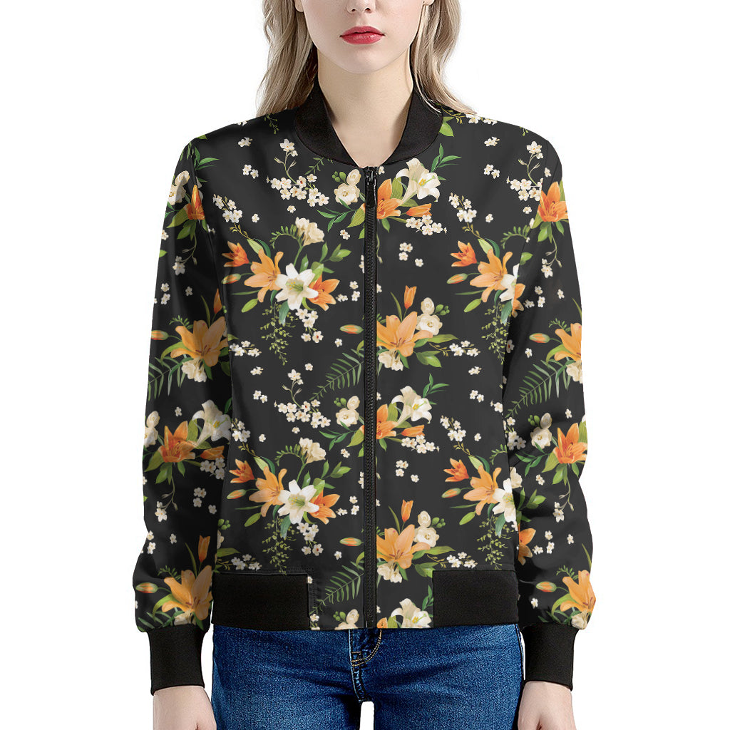 Spring Lily Flowers Pattern Print Women's Bomber Jacket