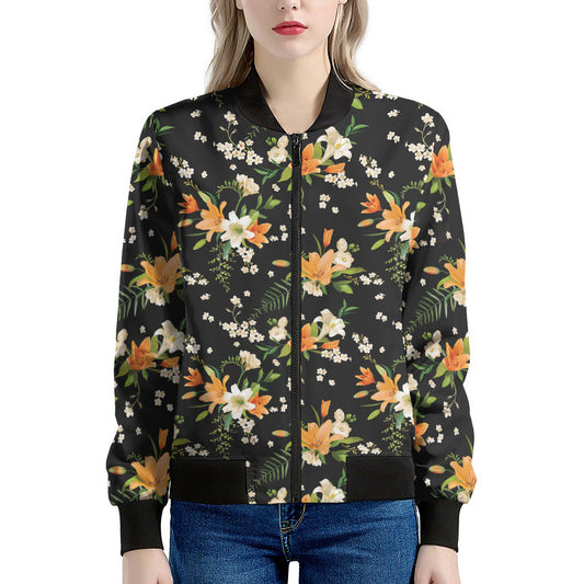 Spring Lily Flowers Pattern Print Women's Bomber Jacket