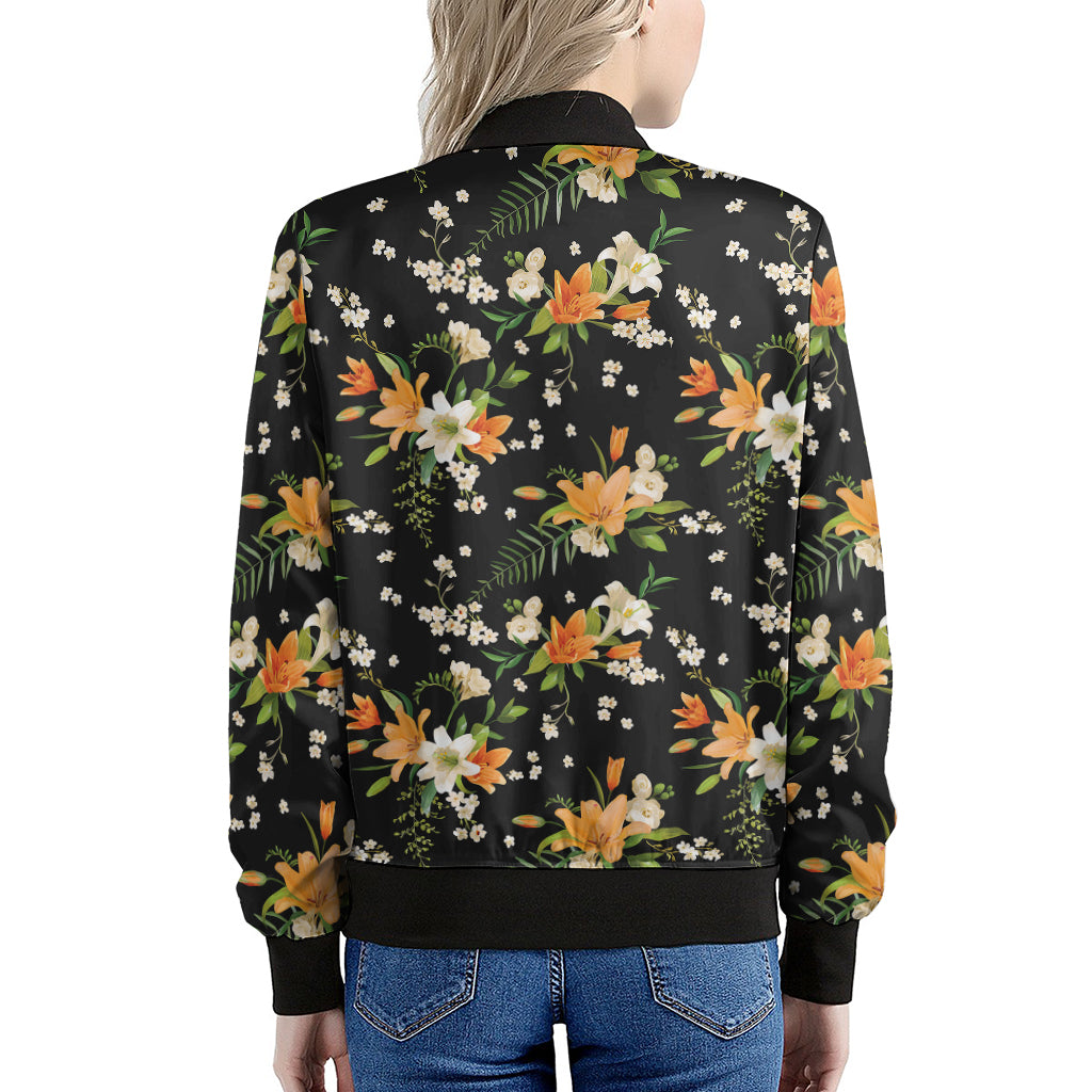 Spring Lily Flowers Pattern Print Women's Bomber Jacket