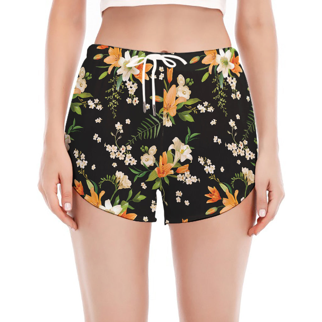 Spring Lily Flowers Pattern Print Women's Split Running Shorts