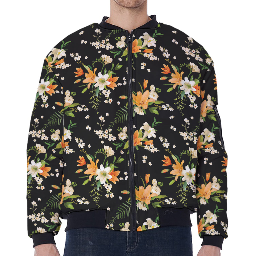 Spring Lily Flowers Pattern Print Zip Sleeve Bomber Jacket