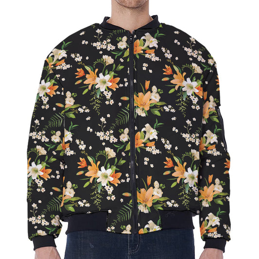 Spring Lily Flowers Pattern Print Zip Sleeve Bomber Jacket