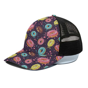 Sprinkles Donut Pattern Print Black Mesh Trucker Cap